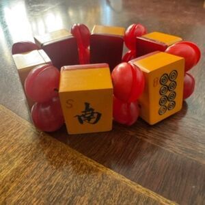 Vintage Bakelite Mahjong Tile Stretch Bracelet Butterscotch Tiles Red Spacers